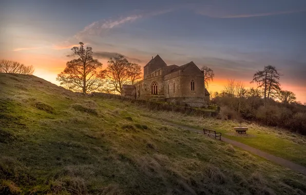 The sky, light, trees, sunset, castle, the building, the evening, slope