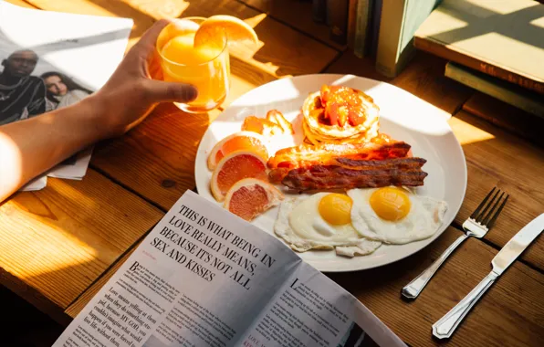 The sun, light, orange, Breakfast, morning, juice, newspaper, scrambled eggs
