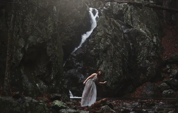 Wallpaper girl, stones, waterfall, Aleah Michele, Nothing but silence