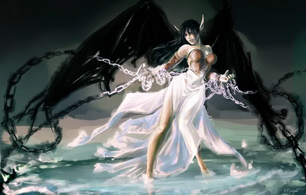 Picture water, girl, wings, art, chain, league of legends, morgana, nfouque