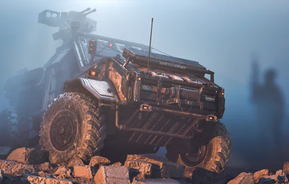 Auto, Dust, Machine, Silhouette, Soldiers, SUV, Rendering, Concept Art
