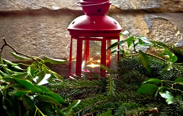 Picture winter, leaves, branches, red, candle, spruce, flashlight, lantern
