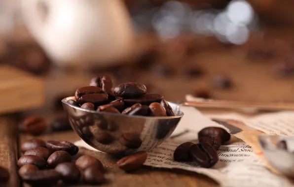 Newspaper, bowl, coffee beans