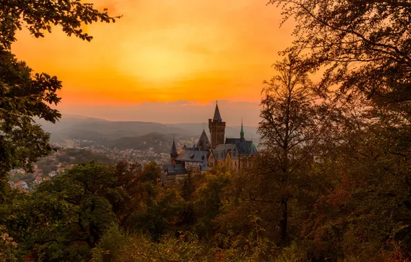 Forest, the sky, trees, mountains, castle, home, Germany, valley