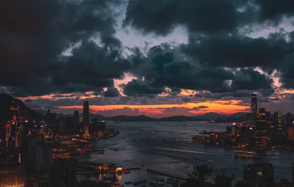 The sky, clouds, sunset, city, the city, building, height, Hong Kong