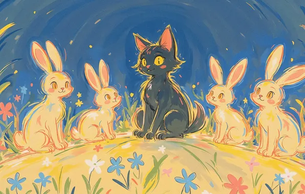 Cat, cat, flowers, nature, pose, glade, black, figure