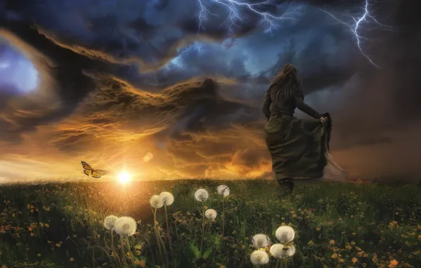 Picture the storm, girl, clouds, butterfly, lightning, meadow, dandelions