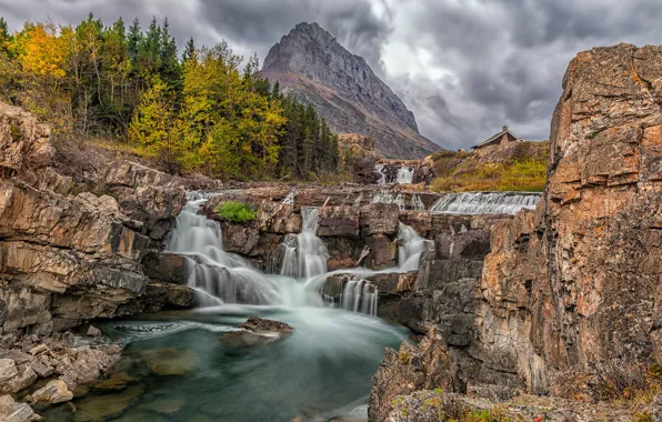 Roof, the sky, trees, mountains, house, river, rocks, waterfall