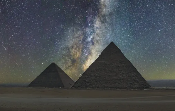 Landscape, night, desert, stars, pair, pyramid, Egypt