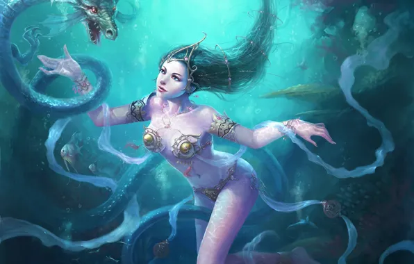 Girl, hair, snake, teeth, under water, redpeggy