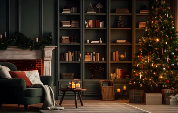 Decoration, room, balls, tree, interior, New Year, Christmas, gifts