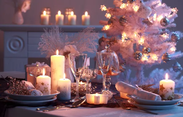 Decoration, table, holiday, candles, lights, glasses, plates, New year