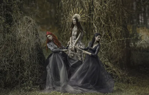 Picture fantasy, art, three girls, Agnieszka Lorek, Colours of power, North Mrowiec, Ophidia, Joanna Sosnicka