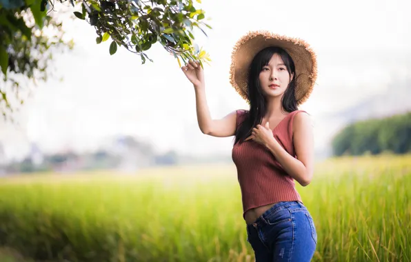 Picture look, jeans, hat, Mike, brunette, Asian, bokeh