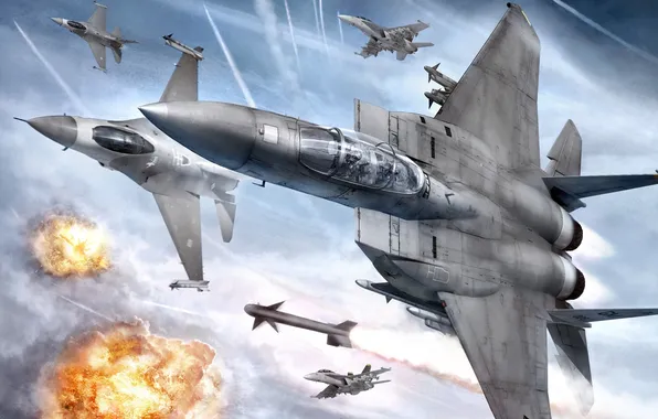 Picture flight, explosions, fighter, aircraft, in the sky, Ace Combat 6, Fires of Liberation