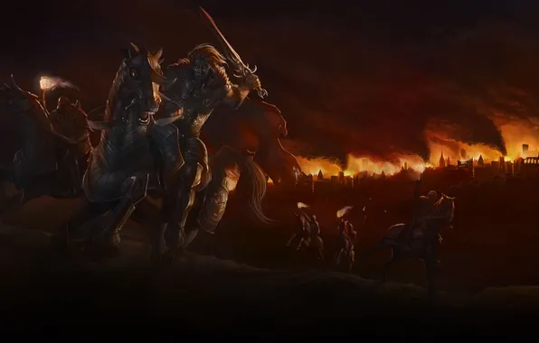The city, weapons, fire, flame, torch, rider, III, Age of Wonders