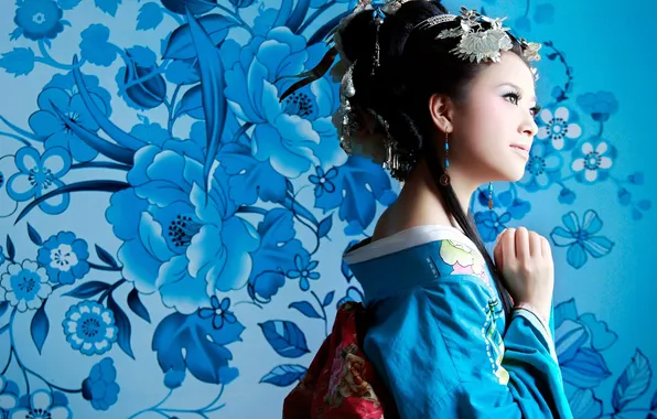 Flowers, background, Girl, brunette, blue, decoration, beauty, the Japanese girl