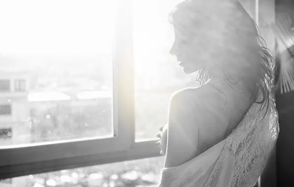 Chest, girl, tenderness, b/W, lips, touch, photographer, window