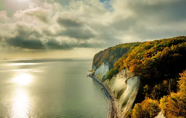 Autumn, forest, clouds, rocks, shore, pond