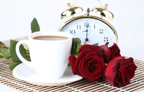 Flowers, watch, coffee, roses, alarm clock, Cup, three, bokeh