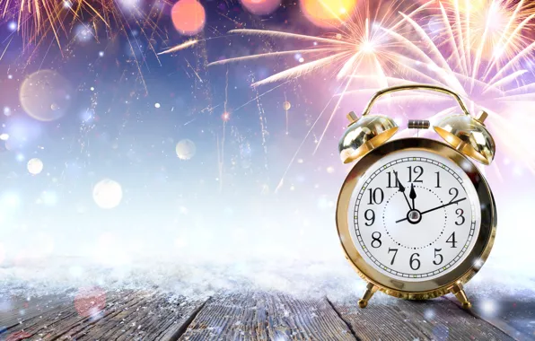 Picture snow, glare, holiday, watch, salute, alarm clock, New year, fireworks