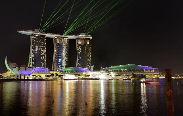 Sea, Night, The city, Singapore, Landscape, Night city, Night lights