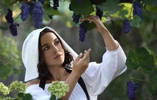 Girl, flowers, grapes, Irina Golubyatnikova