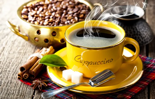 Coffee, Cup, cinnamon, coffee beans