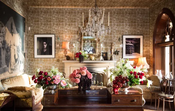 Flowers, table, lamp, room, interior, chair, window, chandelier