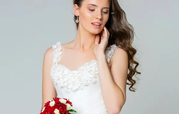 Picture girl, flowers, background, portrait, roses, bouquet, makeup, dress