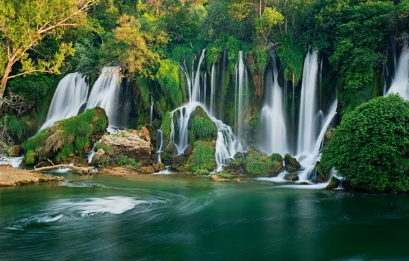 Picture trees, river, waterfalls, Bosnia and Herzegovina, Bosnia and Herzegovina, Waterfall Kravitz, Kravica Waterfalls, Trebižat River