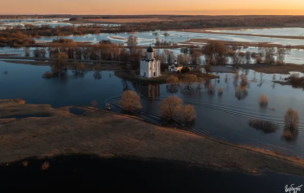 Landscape, nature, river, spring, Church, spill, Bank, Bogolyubovo