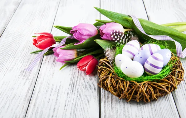 Flowers, eggs, colorful, Easter, tulips, wood, pink, flowers