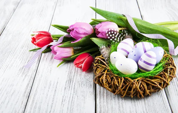 Flowers, eggs, colorful, Easter, tulips, happy, wood, pink