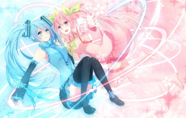 Snowflakes, girls, Sakura, vocaloid, hatsune miku, Vocaloid, cherries, sakura, mike