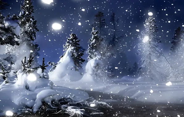 Picture winter, snow, trees, night, river, tree