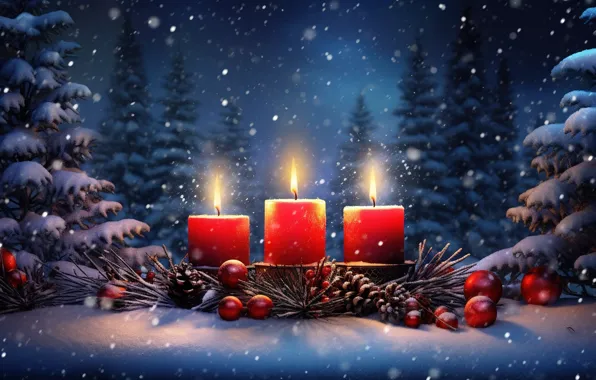 Winter, snow, decoration, night, balls, tree, candles, New Year