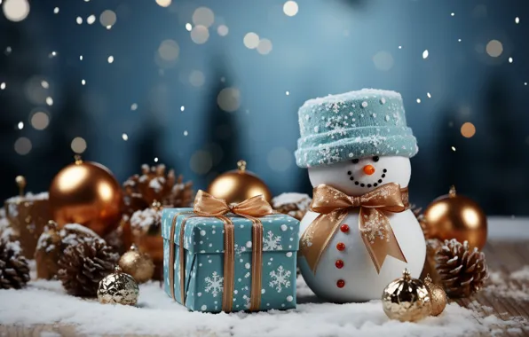 Picture winter, snow, decoration, snowflakes, balls, New Year, Christmas, gifts