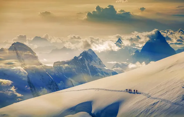 Snow, mountain, Switzerland, climbers, Jungfrau, The Bernese Alps