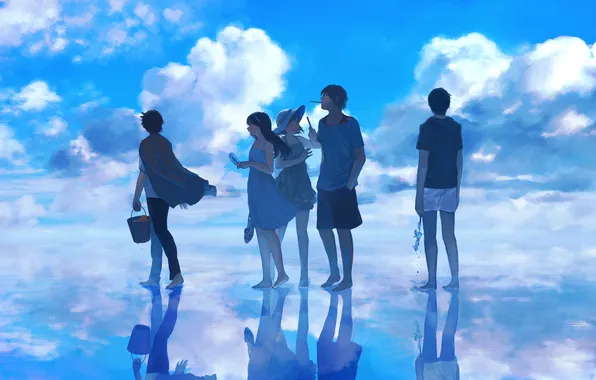 Picture the sky, water, clouds, joy, reflection, girls, hat, anime
