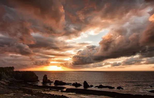 Picture sea, beach, clouds, sunset, rocks
