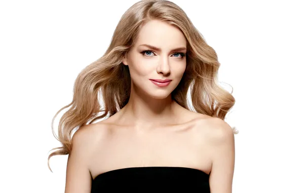 Look, smile, portrait, makeup, hairstyle, blonde, white background, beauty