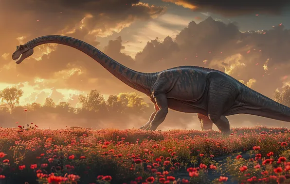 Flowers, Clouds, Dawn, Dinosaur, Animal, Digital art, Ancient animals, Extinct animals
