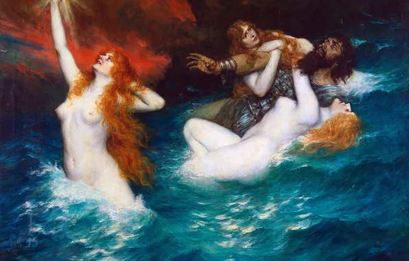 Water, Girls, Picture, Male, Ferdinand Leeke, German artist, Maidens of the Rhine, The Rheinmeidens