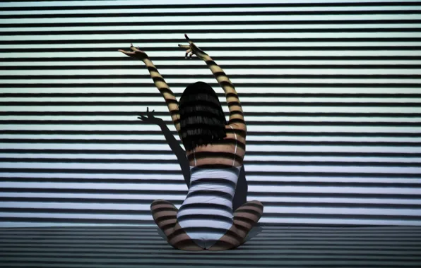 Girl, movement, gesture, blinds, a game of shadows, the strokes, sitting in bed
