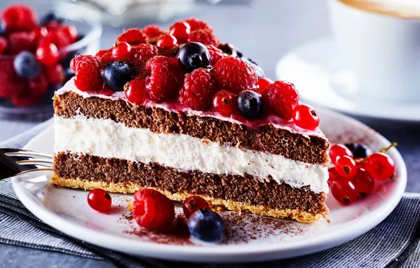 Picture berries, raspberry, blueberries, cake, cake, cream, dessert, piece