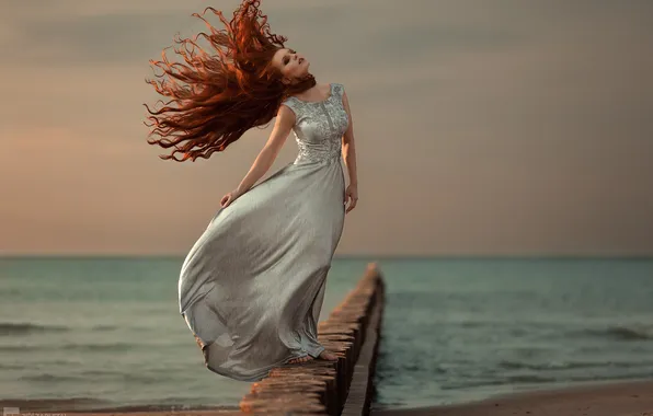 SEA, HAIR, HORIZON, The SKY, DRESS, REDHEAD, Lena Zemanova, Model Lena Zemanova