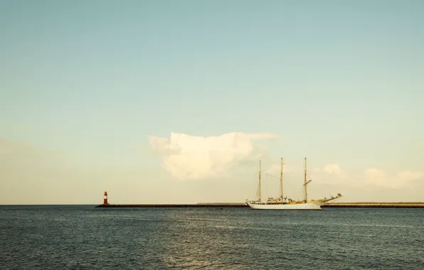 Sea, the sky, shore, lighthouse, ship, sailboat, cloud