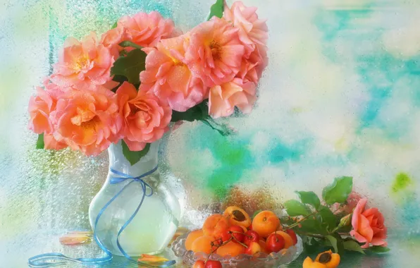 Drops, roses, vase, cherry, apricots