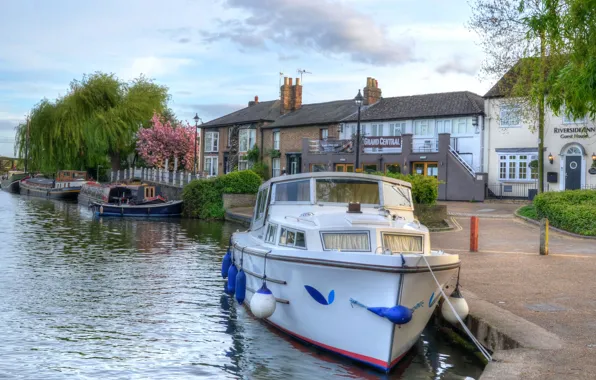 Nature, river, HDR, pier, boat, houses, United Kingdom, motorboat